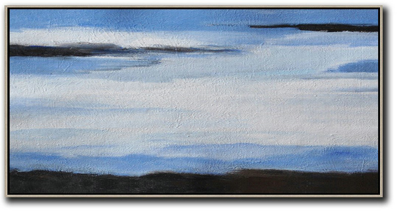 Extra Large Canvas Art,Hand Painted Panoramic Abstract Painting,Original Abstract Oil Paintings White,Blue,Black